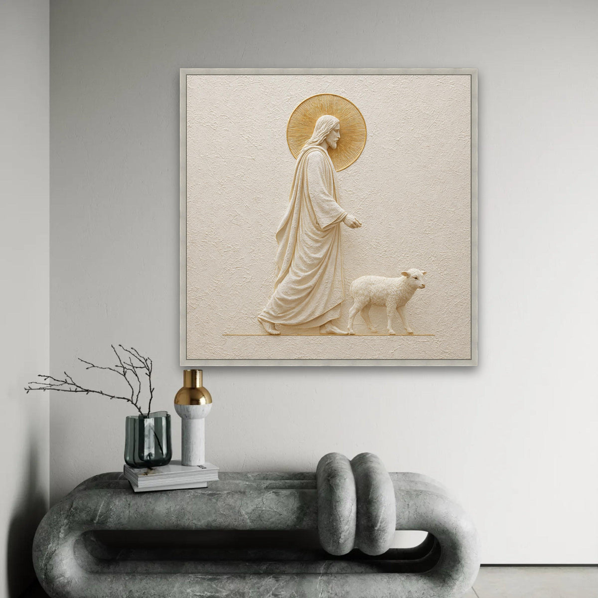 Jesus Shepherd Walking with Lamb Canvas Wall Art, Religious Christian Decor, Spiritual Nativity Scene, Faith Ready To Hang Decoration
