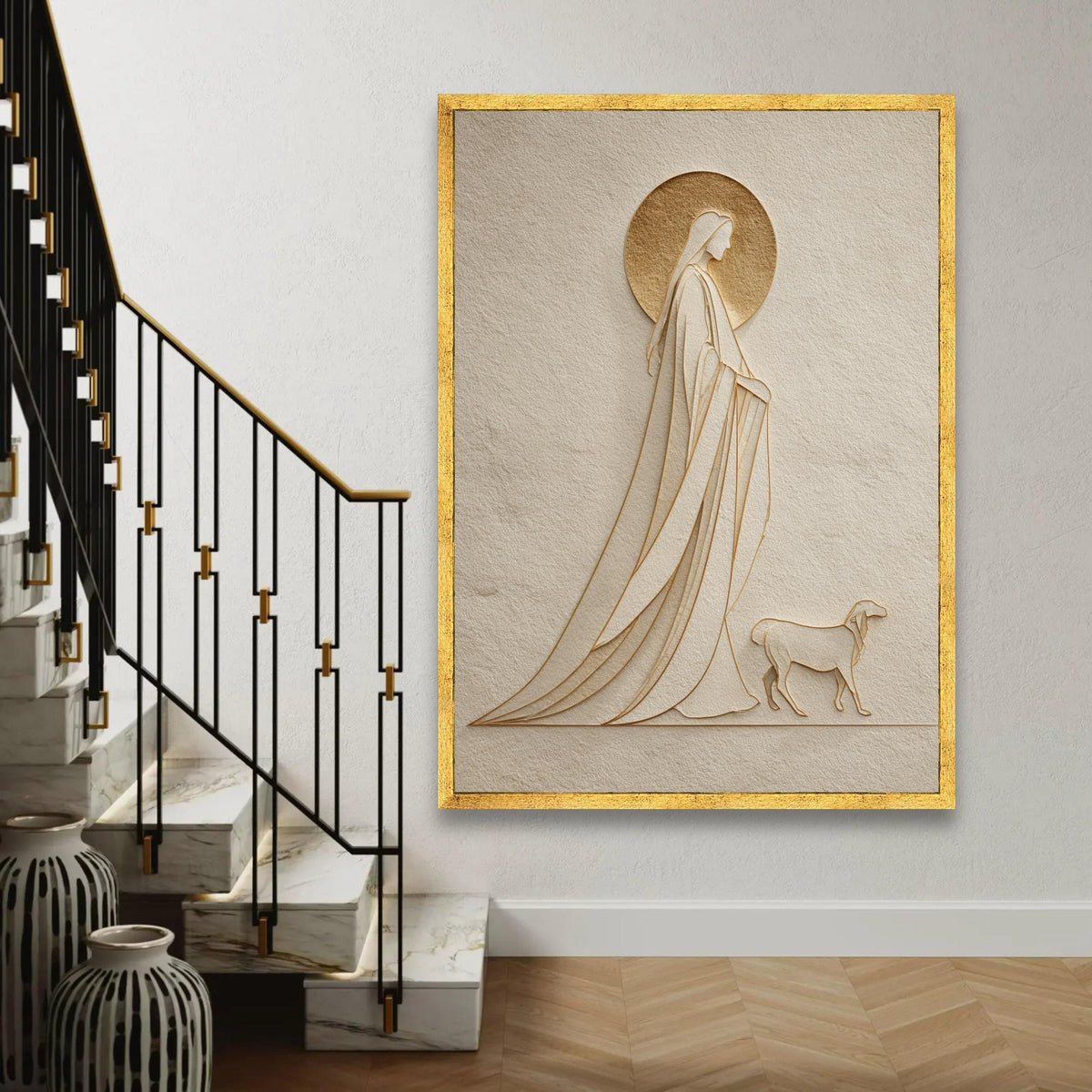Elegant Saint and Dog Silhouette Canvas, Minimalist Religious Wall Art, Spiritual Home Decor, Modern Embossed Ready To Hang Decoration