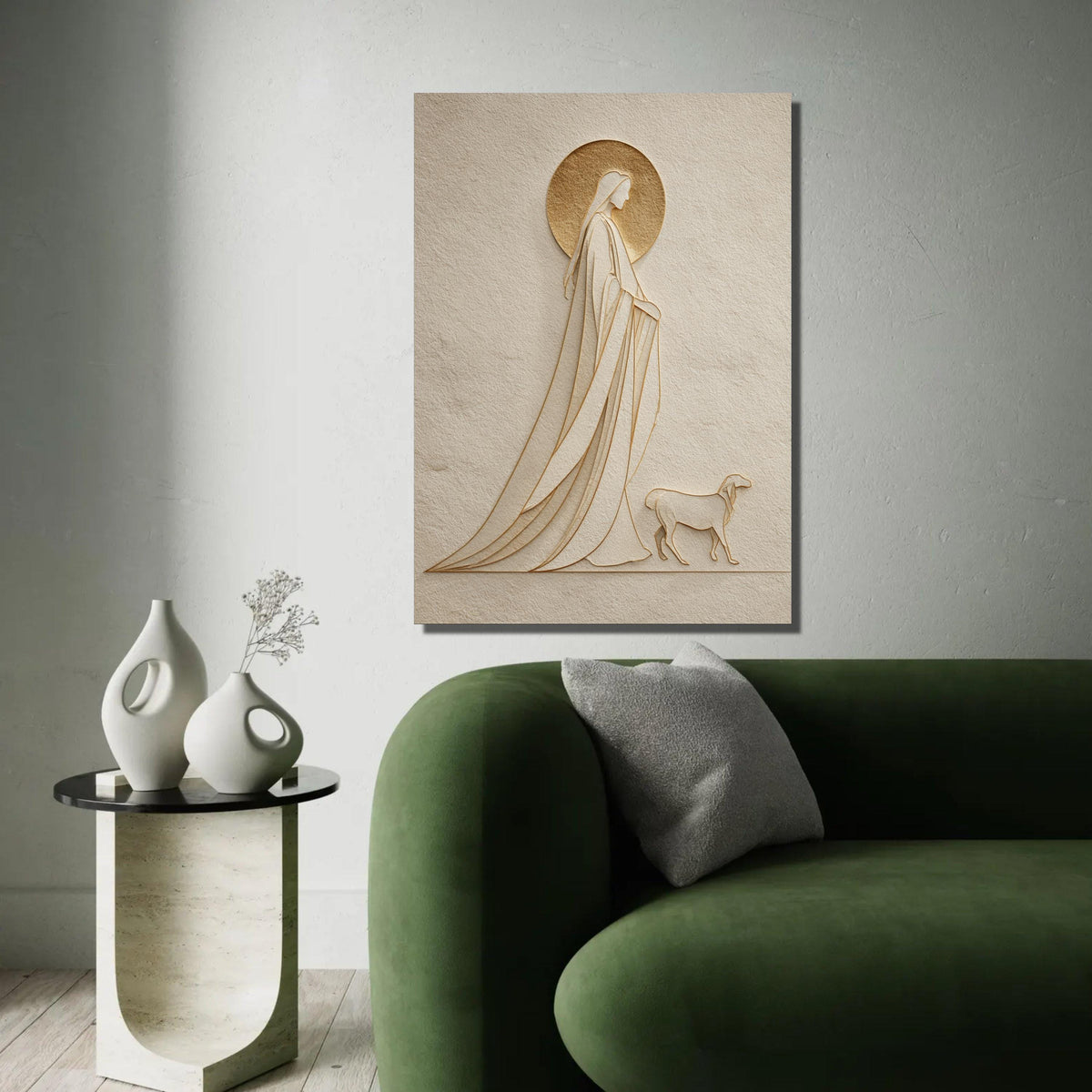 Elegant Saint and Dog Silhouette Canvas, Minimalist Religious Wall Art, Spiritual Home Decor, Modern Embossed Ready To Hang Decoration