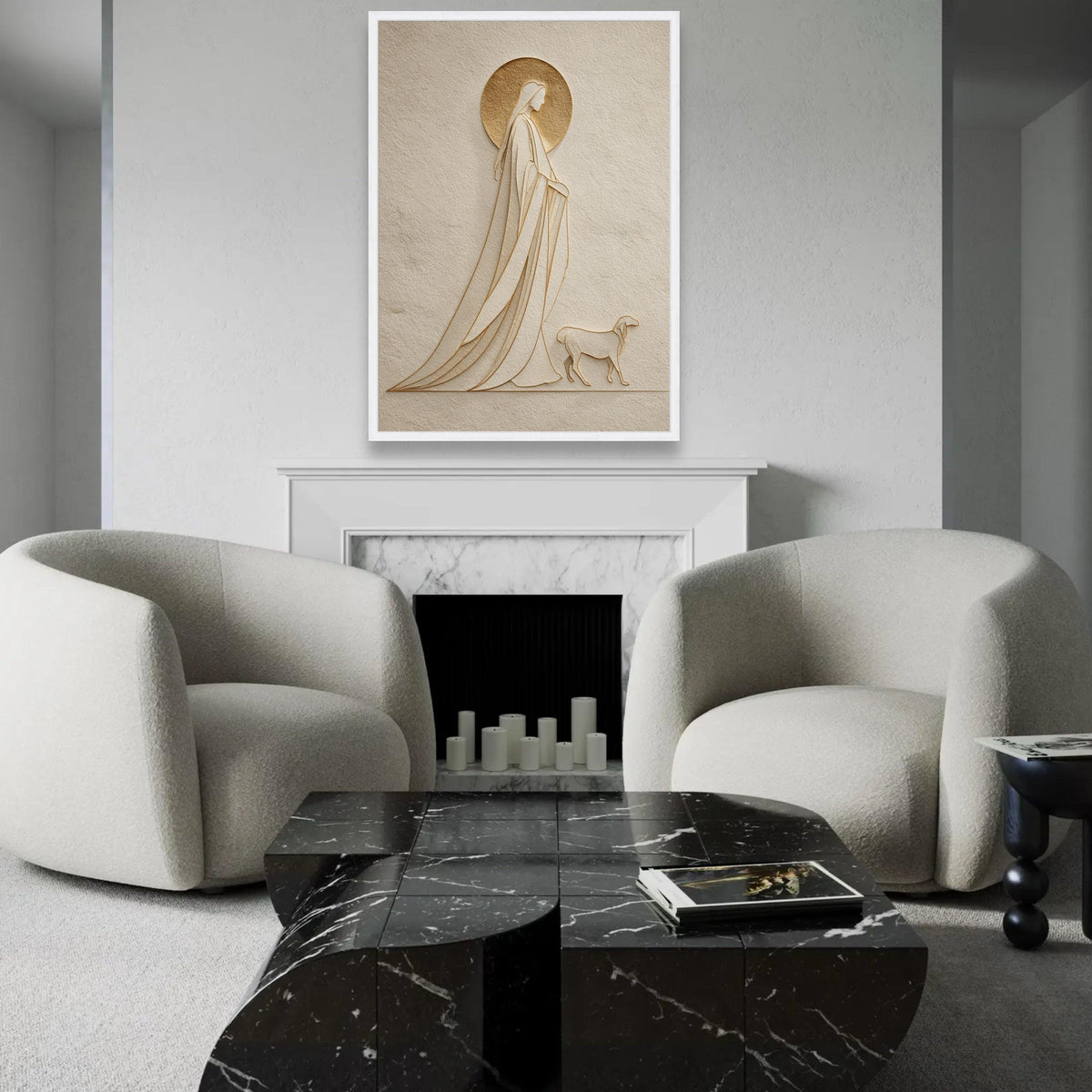 Elegant Saint and Dog Silhouette Canvas, Minimalist Religious Wall Art, Spiritual Home Decor, Modern Embossed Ready To Hang Decoration