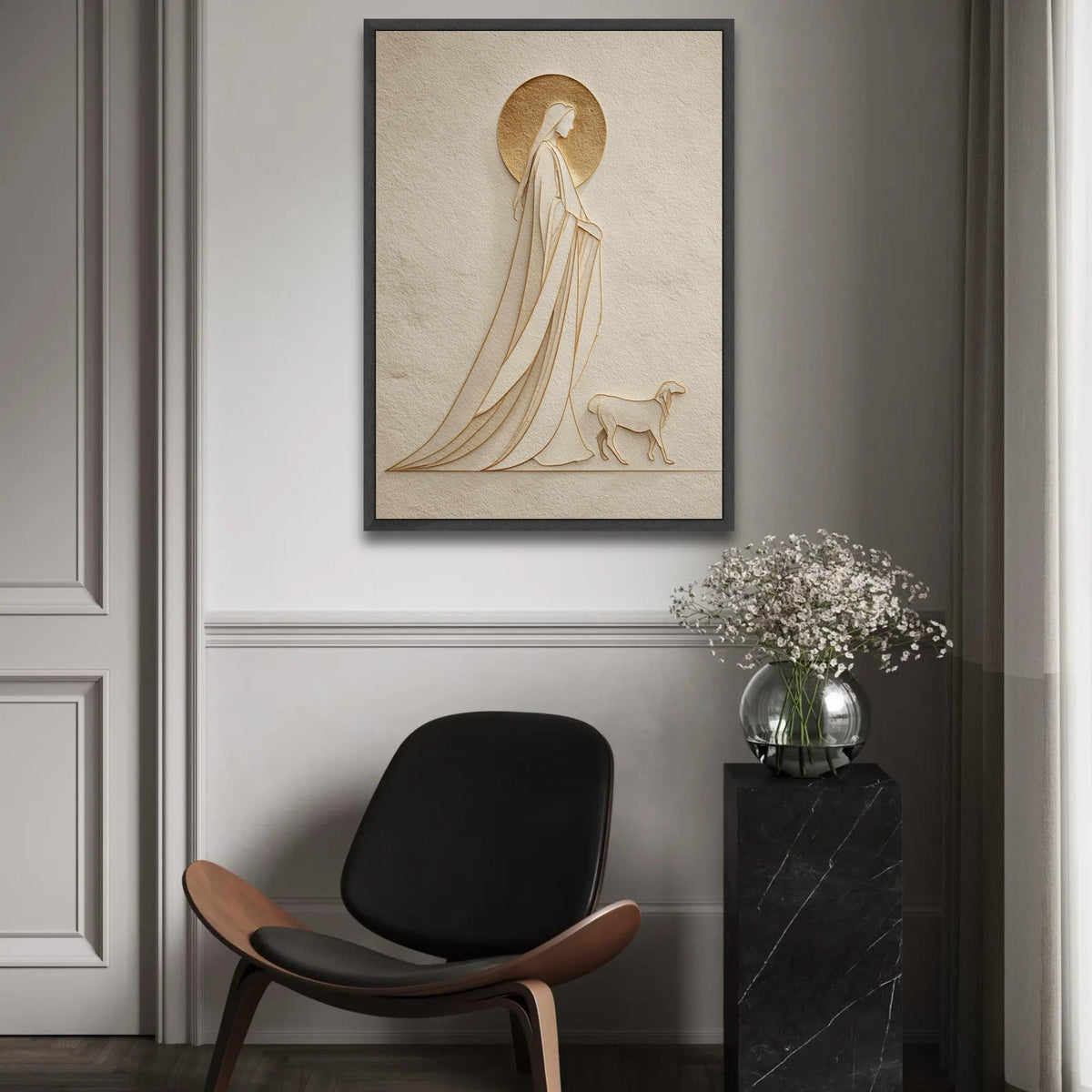 Elegant Saint and Dog Silhouette Canvas, Minimalist Religious Wall Art, Spiritual Home Decor, Modern Embossed Ready To Hang Decoration