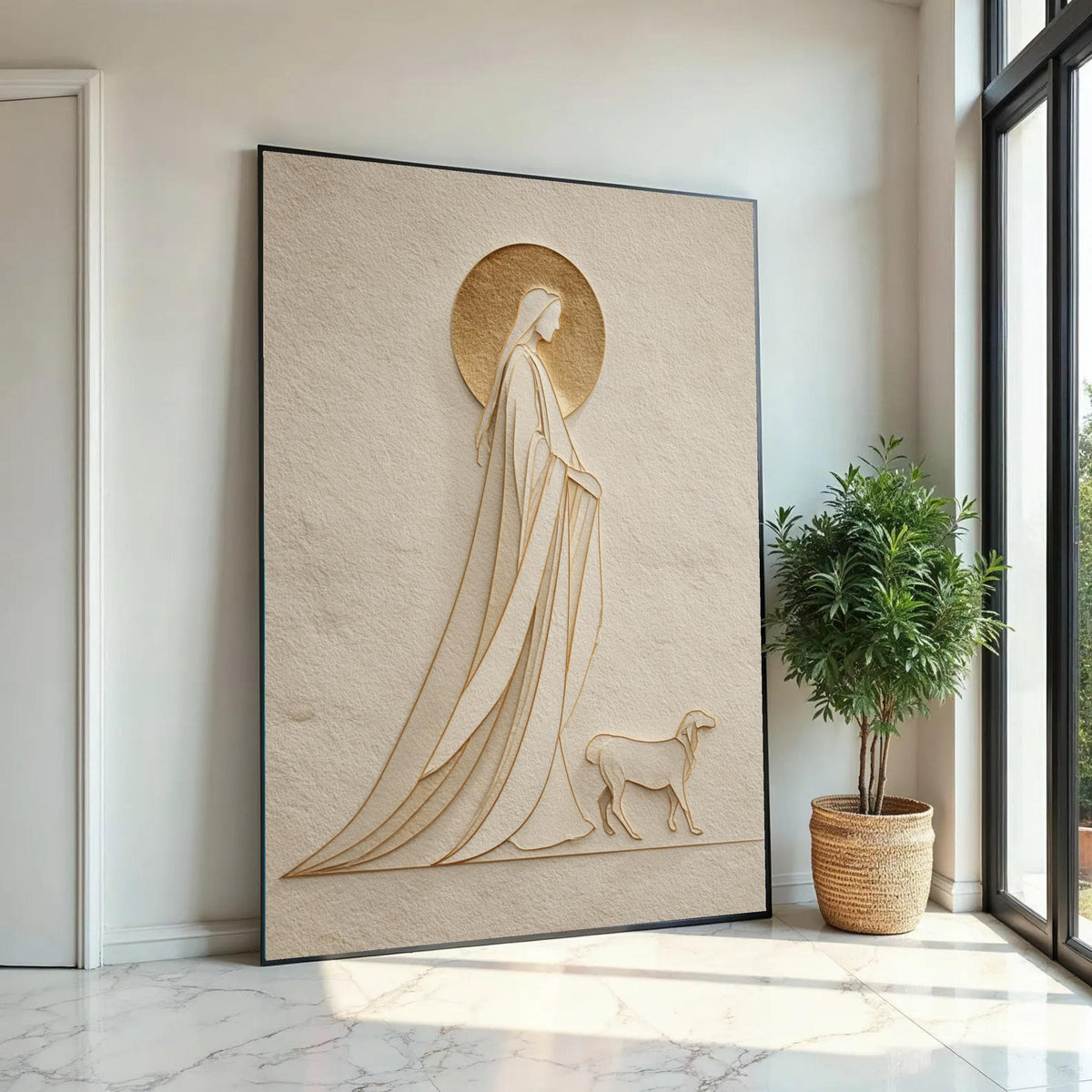 Elegant Saint and Dog Silhouette Canvas, Minimalist Religious Wall Art, Spiritual Home Decor, Modern Embossed Ready To Hang Decoration