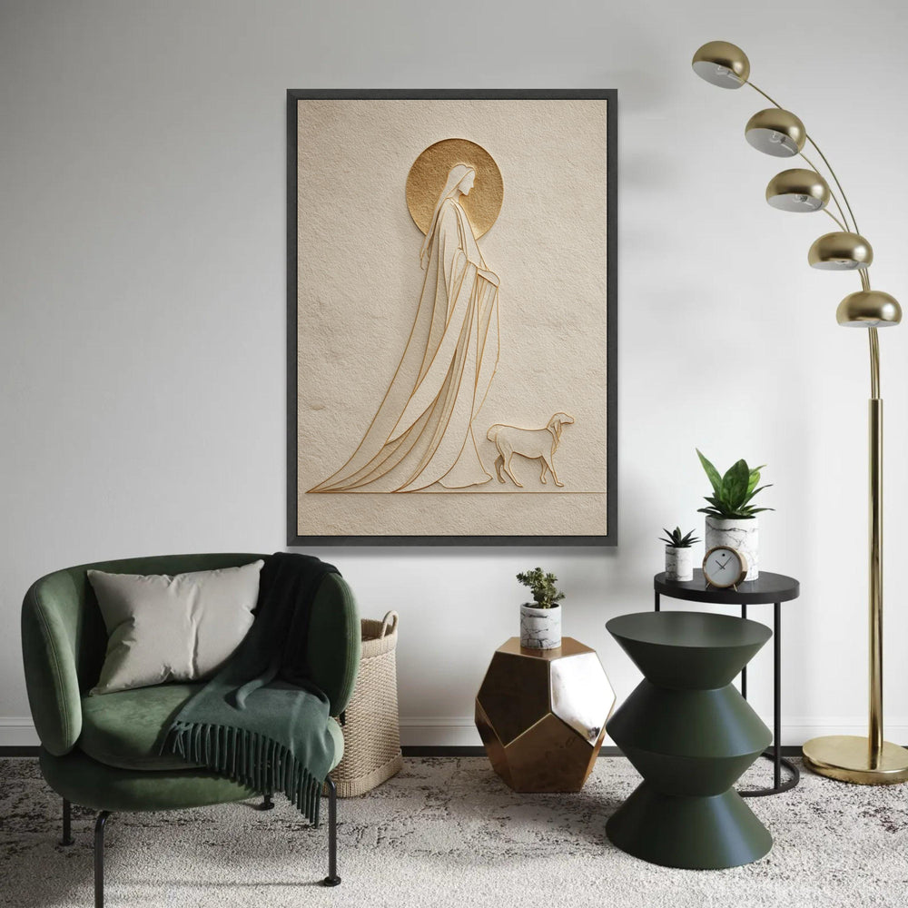 Elegant Saint and Dog Silhouette Canvas, Minimalist Religious Wall Art, Spiritual Home Decor, Modern Embossed Ready To Hang Decoration