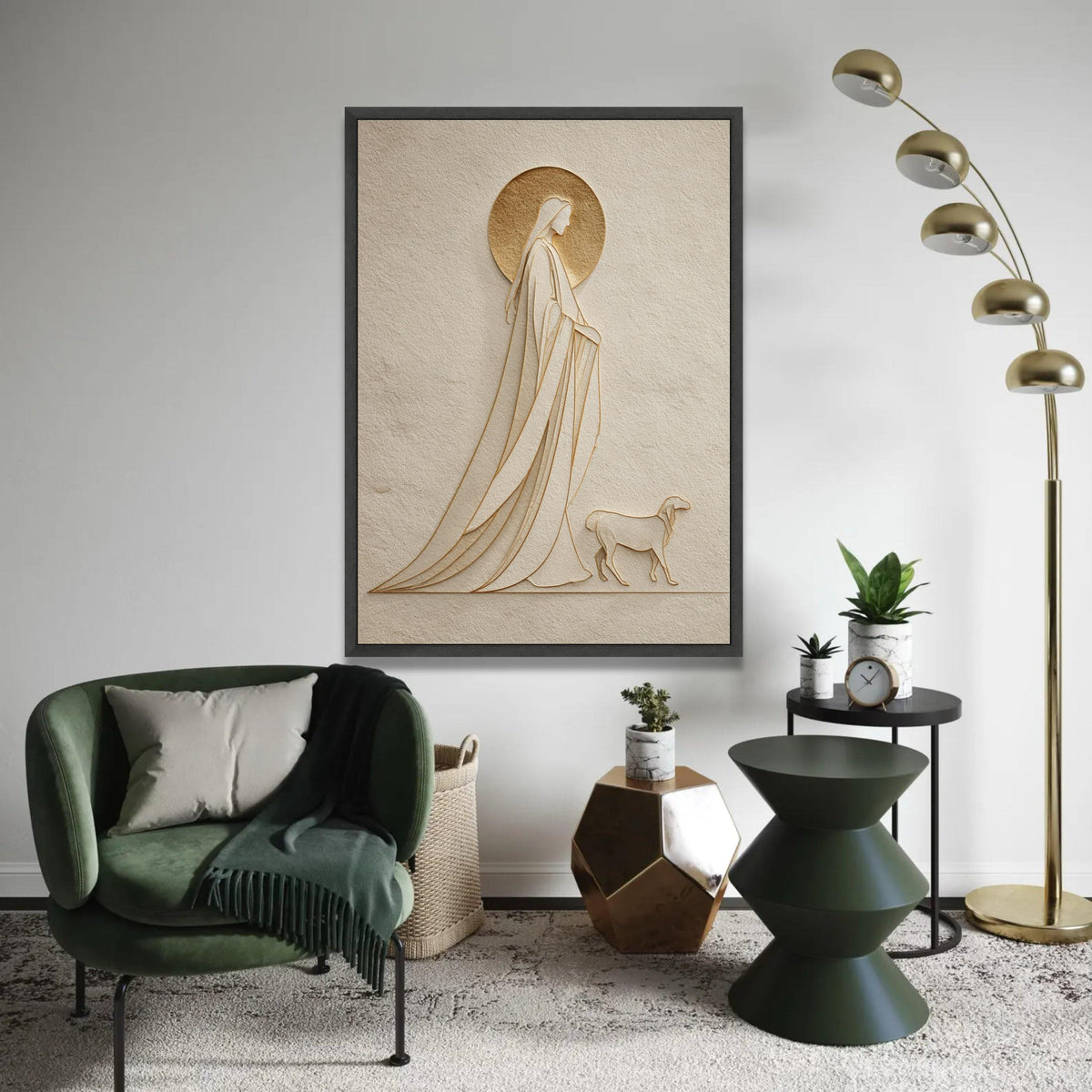 Elegant Saint and Dog Silhouette Canvas, Minimalist Religious Wall Art, Spiritual Home Decor, Modern Embossed Ready To Hang Decoration