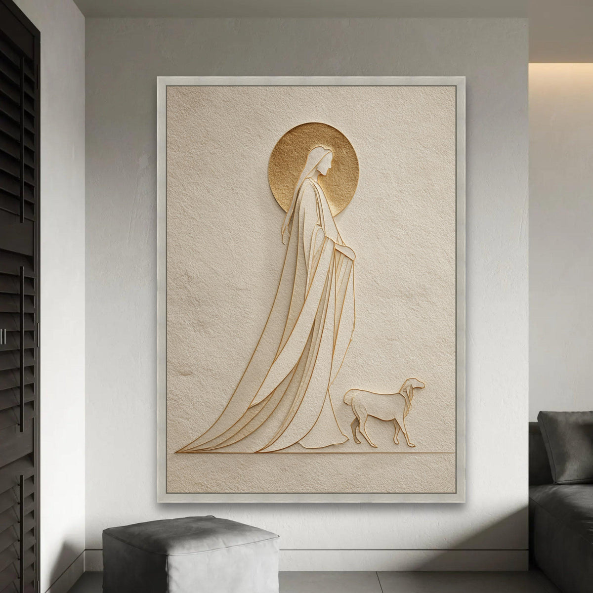Elegant Saint and Dog Silhouette Canvas, Minimalist Religious Wall Art, Spiritual Home Decor, Modern Embossed Ready To Hang Decoration