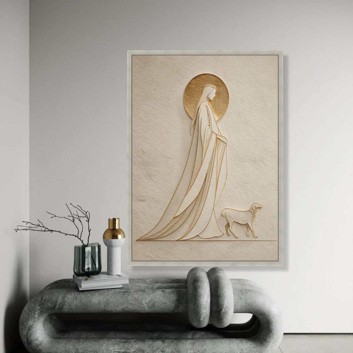 Elegant Saint and Dog Silhouette Canvas, Minimalist Religious Wall Art, Spiritual Home Decor, Modern Embossed Ready To Hang Decoration