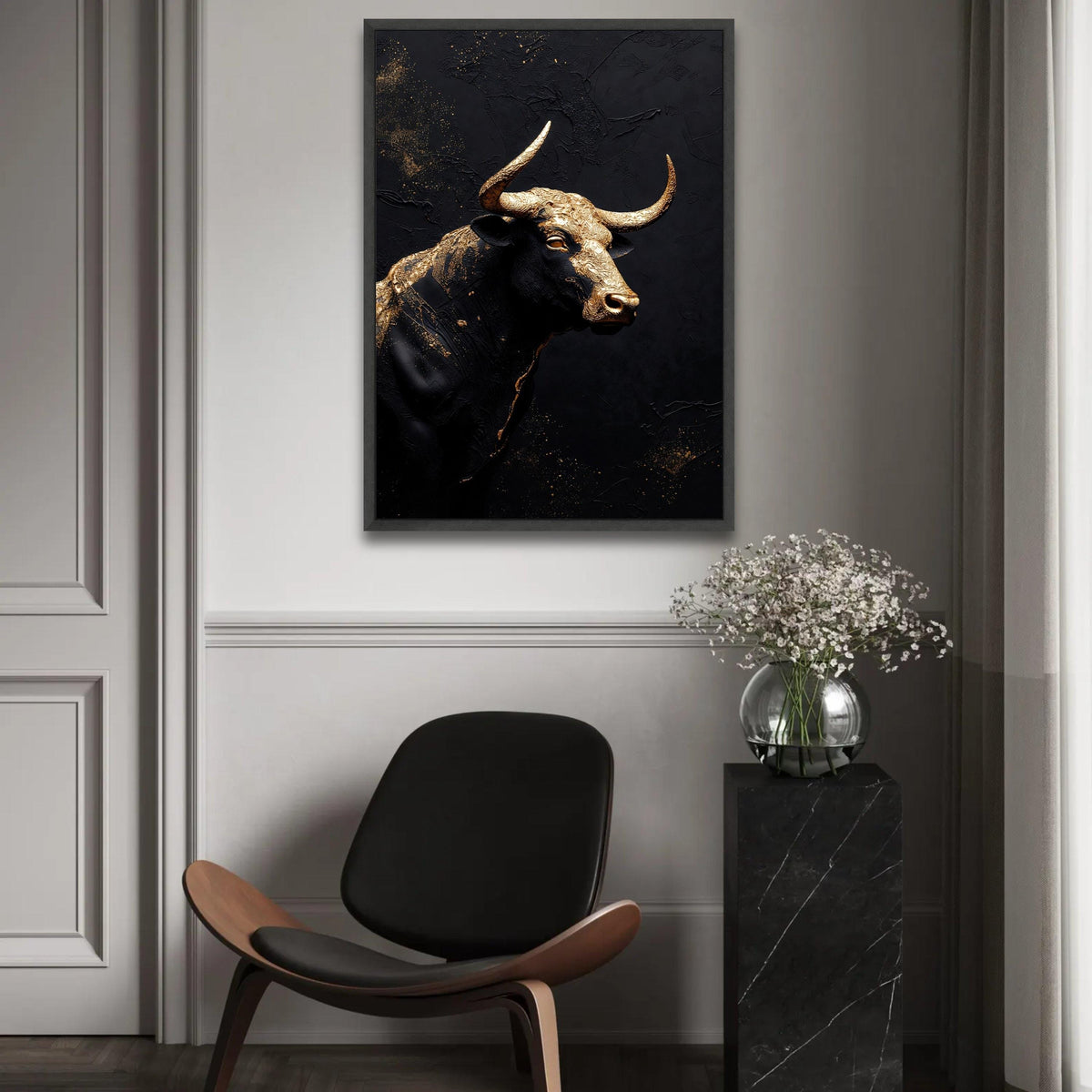 Majestic Gold and Black Bull Canvas Wall Art, Modern Abstract Animal Decor, Metallic Canvas, Statement Artwork for Ready To Hang Decoration