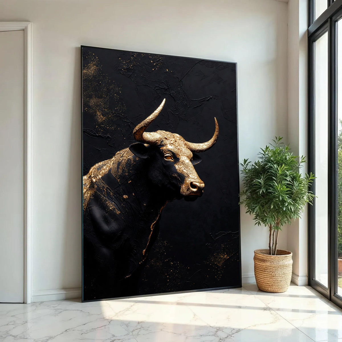 Majestic Gold and Black Bull Canvas Wall Art, Modern Abstract Animal Decor, Metallic Canvas, Statement Artwork for Ready To Hang Decoration