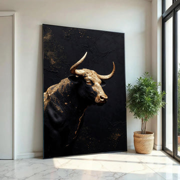Majestic Gold and Black Bull Canvas Wall Art, Modern Abstract Animal Decor, Metallic Canvas, Statement Artwork for Ready To Hang Decoration