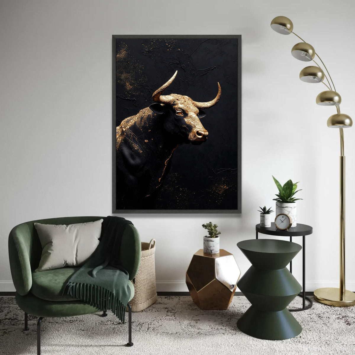 Majestic Gold and Black Bull Canvas Wall Art, Modern Abstract Animal Decor, Metallic Canvas, Statement Artwork for Ready To Hang Decoration