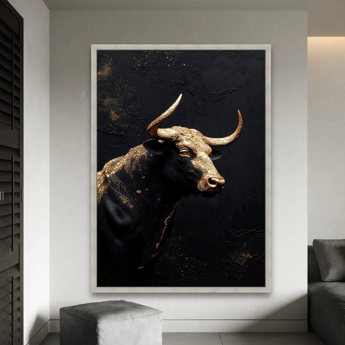 Majestic Gold and Black Bull Canvas Wall Art, Modern Abstract Animal Decor, Metallic Canvas, Statement Artwork for Ready To Hang Decoration