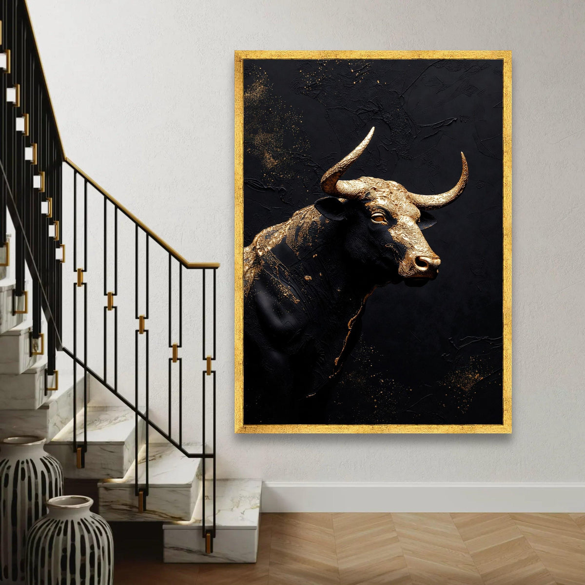 Majestic Gold and Black Bull Canvas Wall Art, Modern Abstract Animal Decor, Metallic Canvas, Statement Artwork for Ready To Hang Decoration