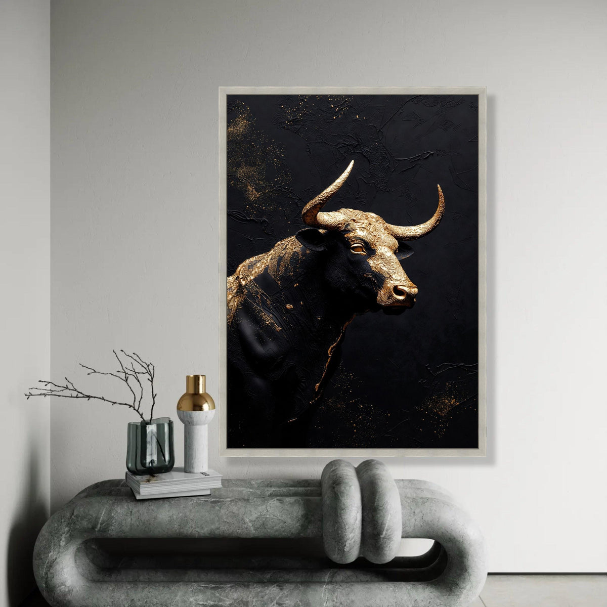 Majestic Gold and Black Bull Canvas Wall Art, Modern Abstract Animal Decor, Metallic Canvas, Statement Artwork for Ready To Hang Decoration