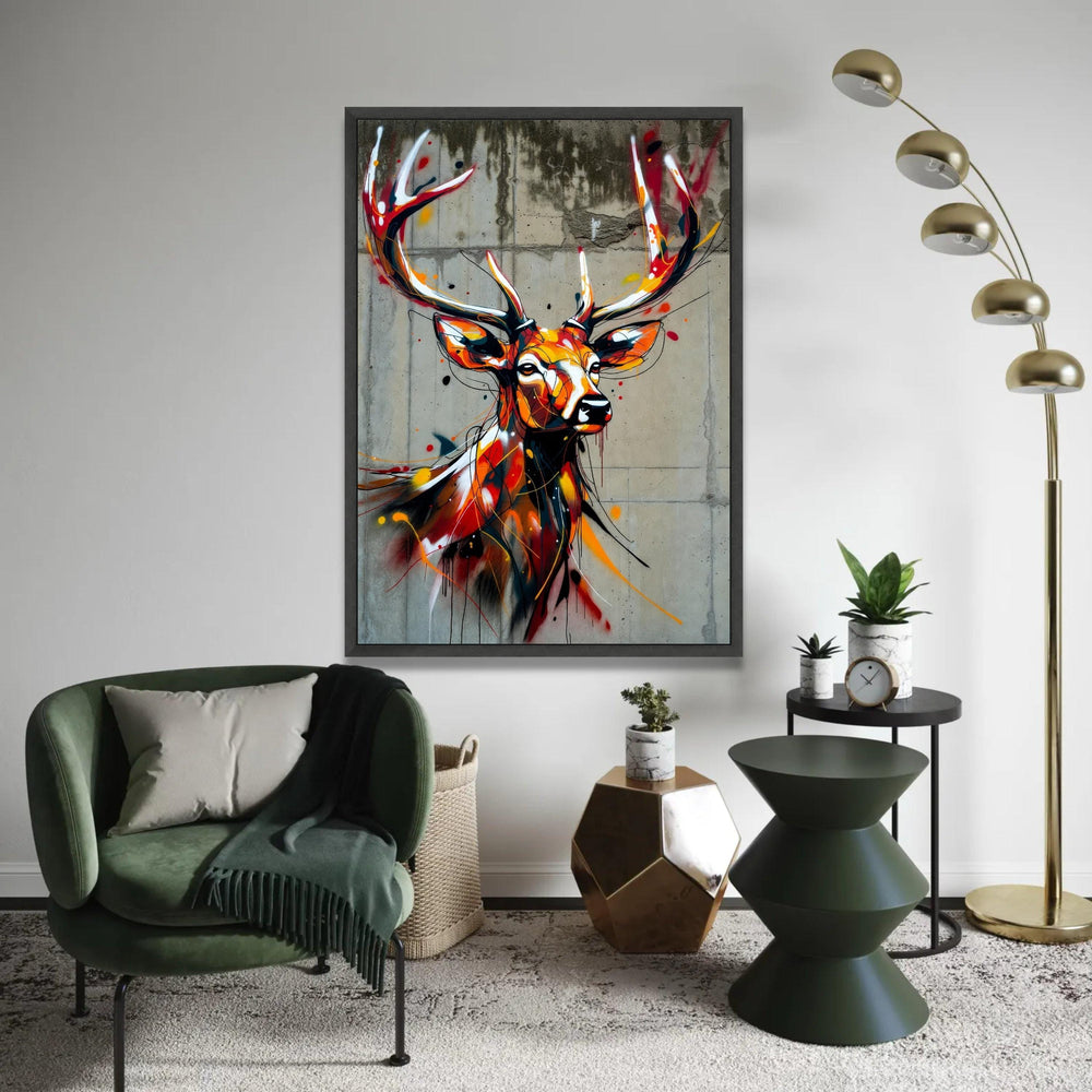 Vibrant Stag Deer Canvas Wall Art, Abstract Wildlife Painting, Urban Graffiti Style, Colorful Animal Portrait, Ready To Hang Decoration