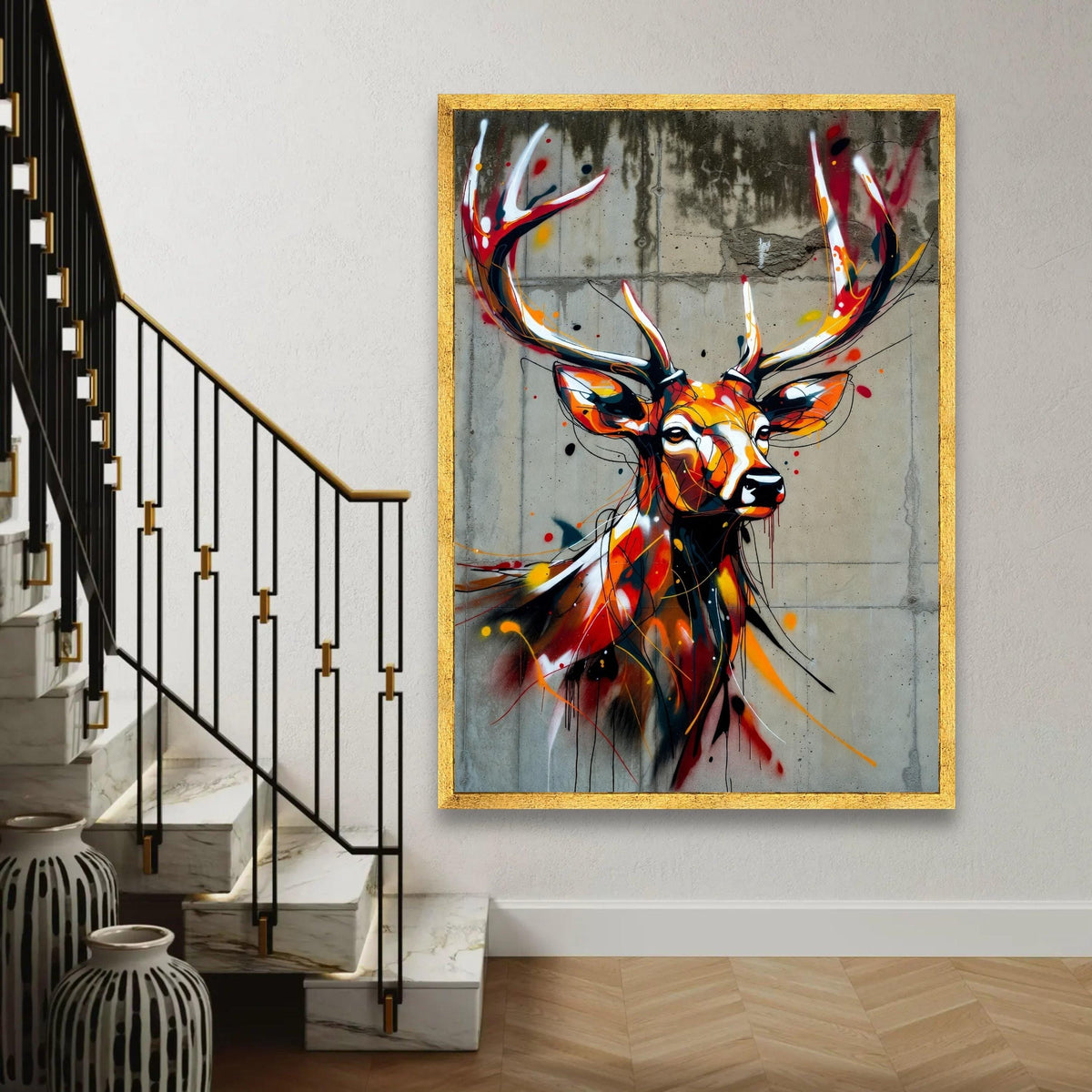 Vibrant Stag Deer Canvas Wall Art, Abstract Wildlife Painting, Urban Graffiti Style, Colorful Animal Portrait, Ready To Hang Decoration