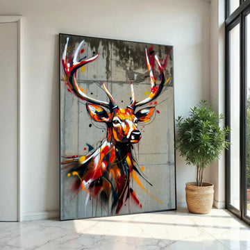 Vibrant Stag Deer Canvas Wall Art, Abstract Wildlife Painting, Urban Graffiti Style, Colorful Animal Portrait, Ready To Hang Decoration