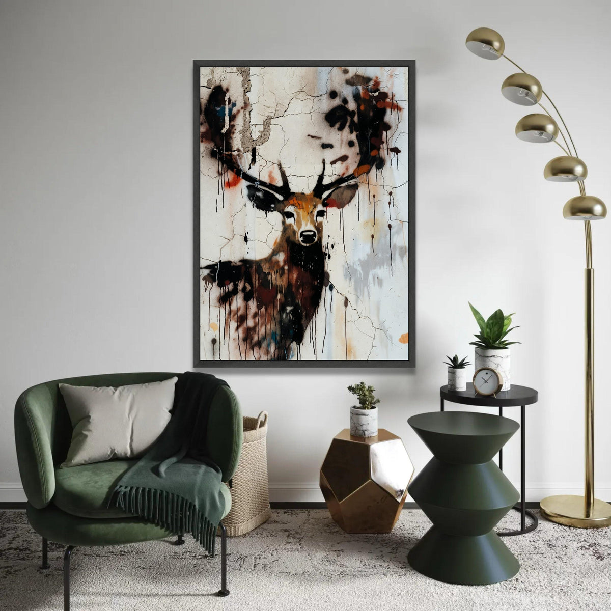 Urban Deer Graffiti Canvas, Abstract Wildlife Wall Art, Rustic Animal Portrait Canvas, Modern Street Art Decor, Ready To Hang Decoration