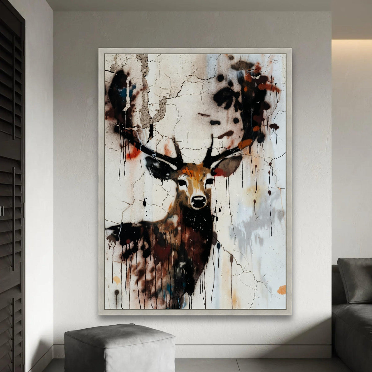 Urban Deer Graffiti Canvas, Abstract Wildlife Wall Art, Rustic Animal Portrait Canvas, Modern Street Art Decor, Ready To Hang Decoration