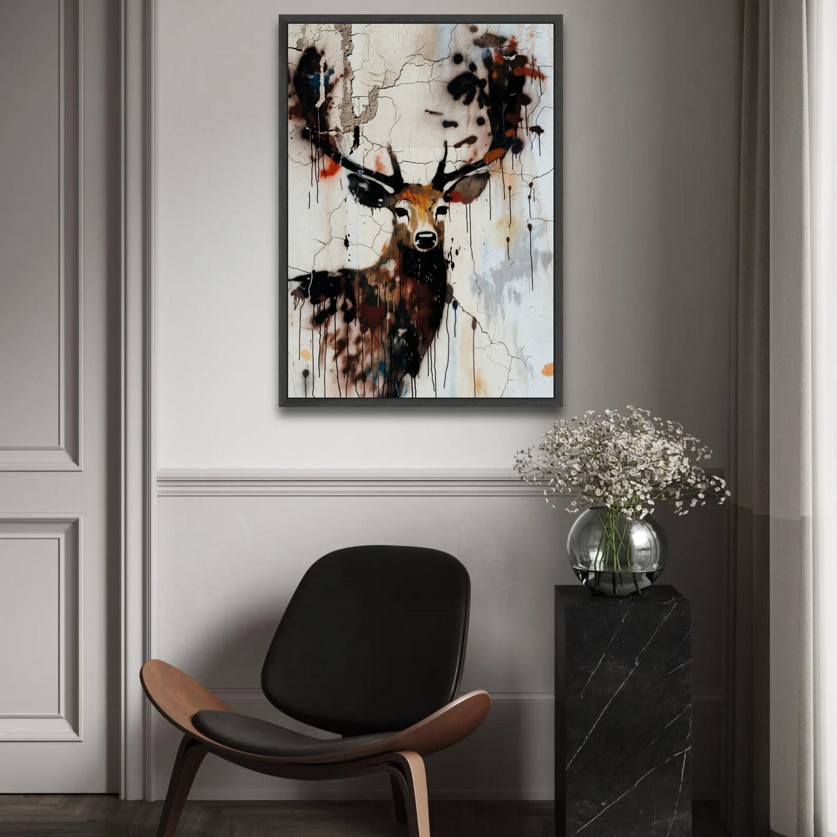 Urban Deer Graffiti Canvas, Abstract Wildlife Wall Art, Rustic Animal Portrait Canvas, Modern Street Art Decor, Ready To Hang Decoration