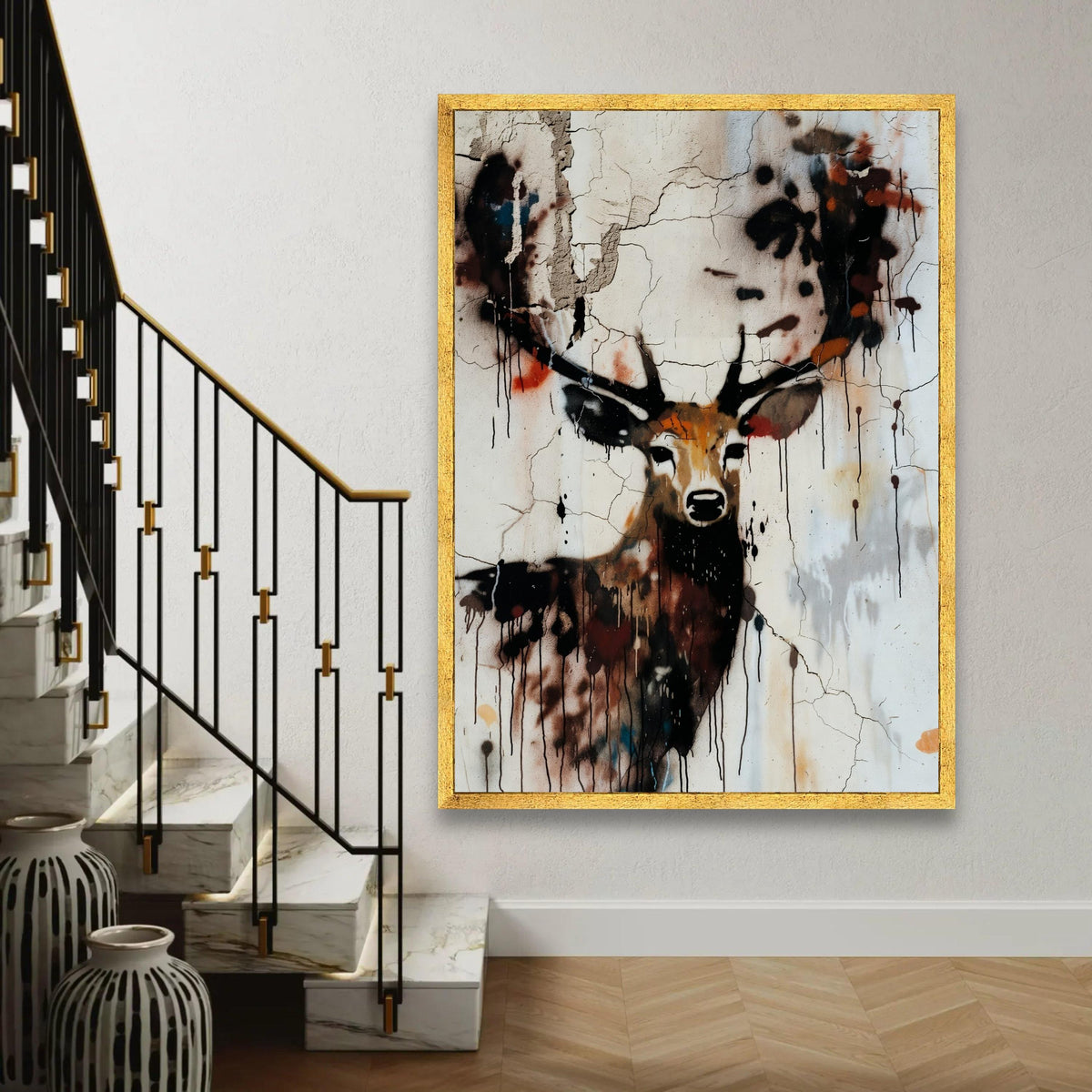 Urban Deer Graffiti Canvas, Abstract Wildlife Wall Art, Rustic Animal Portrait Canvas, Modern Street Art Decor, Ready To Hang Decoration