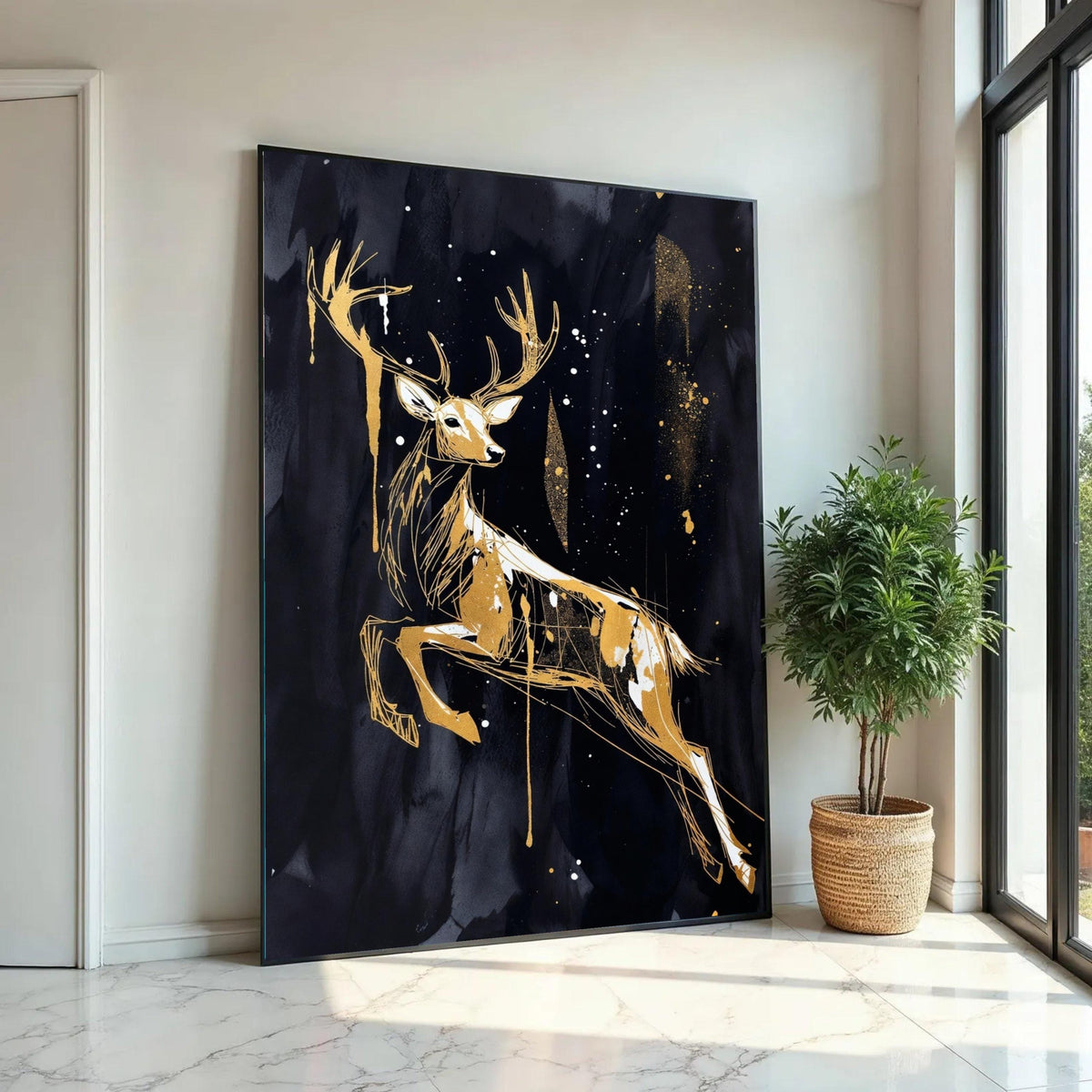 Elegant Golden Deer Canvas Wall Art, Abstract Wildlife Painting, Modern Animal Silhouette, Nature Home Decor, Ready Ready To Hang Decoration