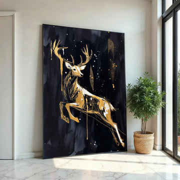 Elegant Golden Deer Canvas Wall Art, Abstract Wildlife Painting, Modern Animal Silhouette, Nature Home Decor, Ready Ready To Hang Decoration