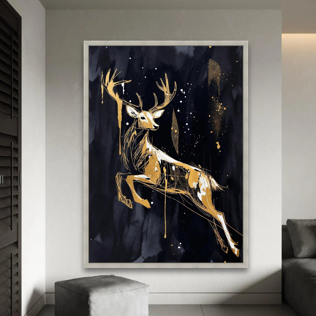 Elegant Golden Deer Canvas Wall Art, Abstract Wildlife Painting, Modern Animal Silhouette, Nature Home Decor, Ready Ready To Hang Decoration