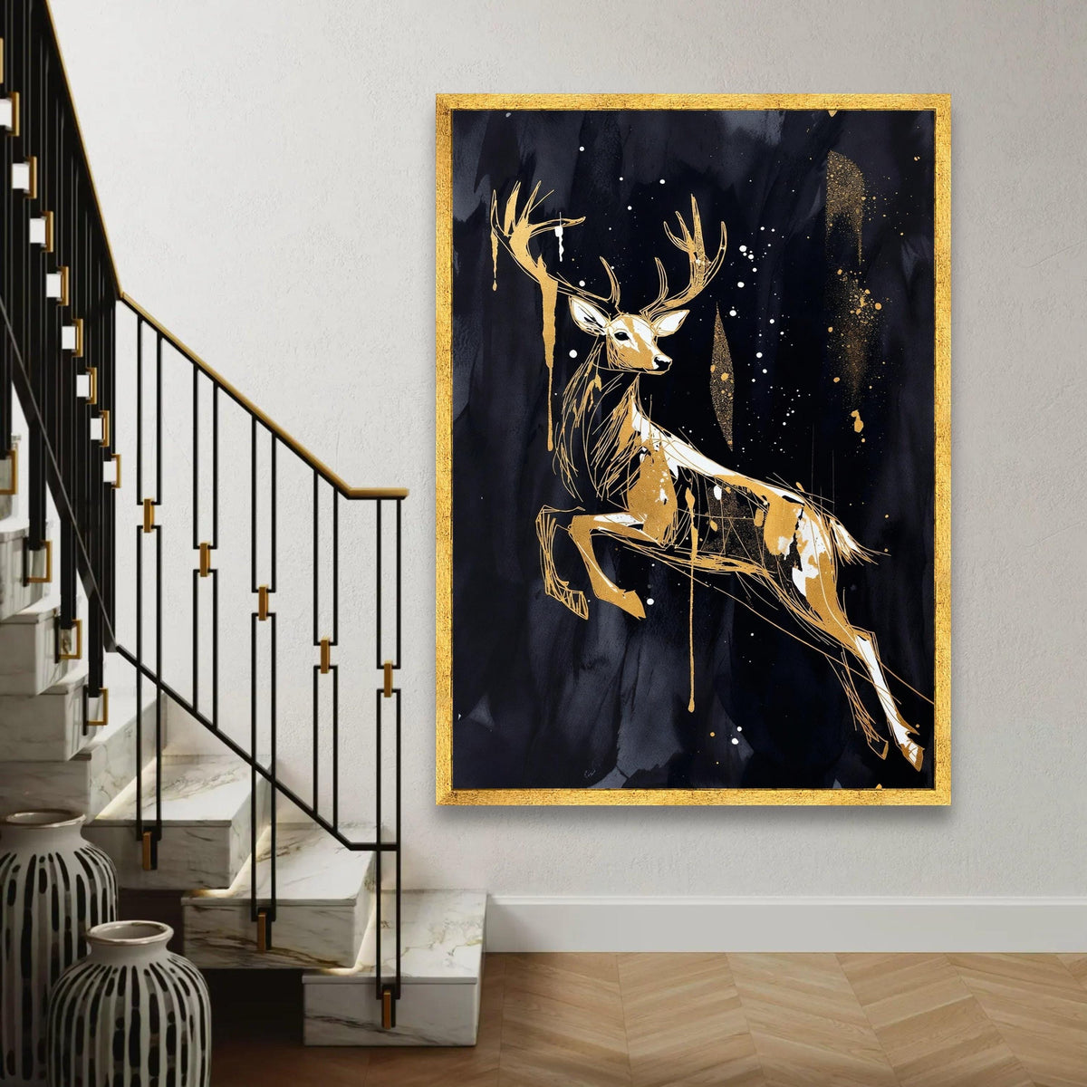 Elegant Golden Deer Canvas Wall Art, Abstract Wildlife Painting, Modern Animal Silhouette, Nature Home Decor, Ready Ready To Hang Decoration