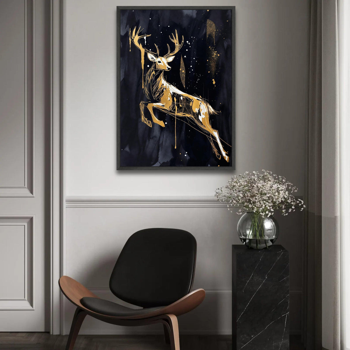 Elegant Golden Deer Canvas Wall Art, Abstract Wildlife Painting, Modern Animal Silhouette, Nature Home Decor, Ready Ready To Hang Decoration