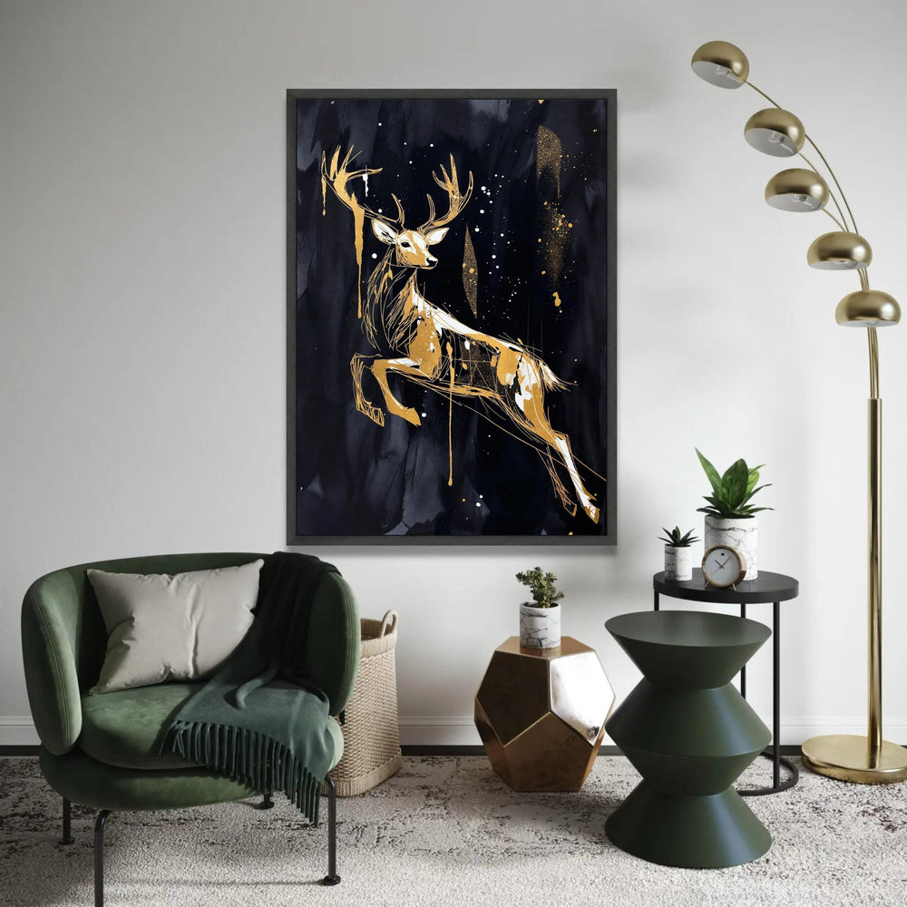 Elegant Golden Deer Canvas Wall Art, Abstract Wildlife Painting, Modern Animal Silhouette, Nature Home Decor, Ready Ready To Hang Decoration