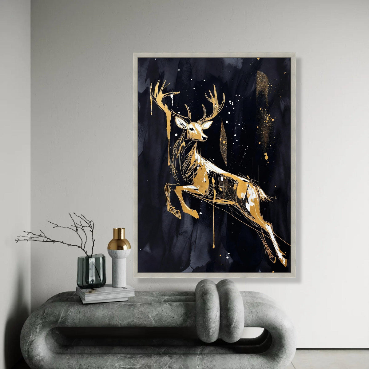 Elegant Golden Deer Canvas Wall Art, Abstract Wildlife Painting, Modern Animal Silhouette, Nature Home Decor, Ready Ready To Hang Decoration