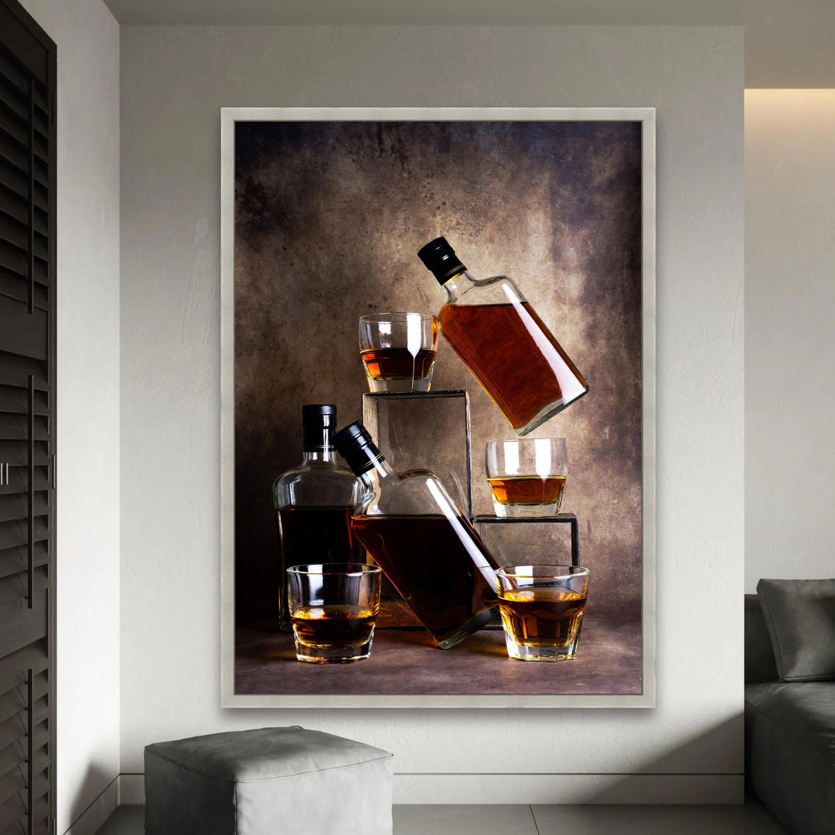 Whiskey Bottles and Glasses Canvas Wall Art, Amber Liquor Still Life, Rustic Bar Decor, Vintage Beverage Canvas, Ready To Hang Decoration