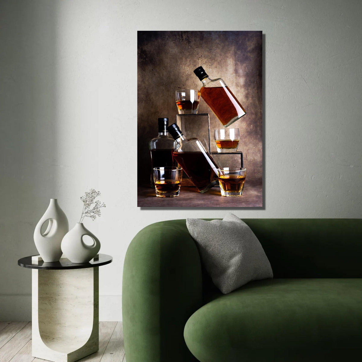 Whiskey Bottles and Glasses Canvas Wall Art, Amber Liquor Still Life, Rustic Bar Decor, Vintage Beverage Canvas, Ready To Hang Decoration