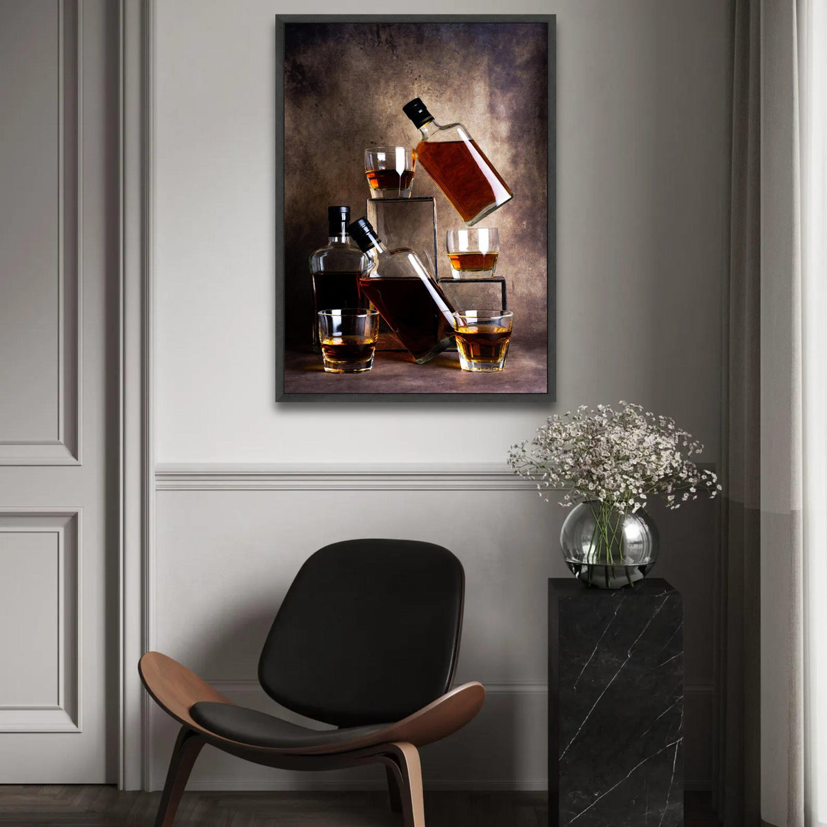 Whiskey Bottles and Glasses Canvas Wall Art, Amber Liquor Still Life, Rustic Bar Decor, Vintage Beverage Canvas, Ready To Hang Decoration