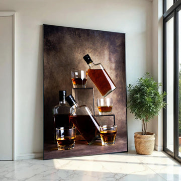 Whiskey Bottles and Glasses Canvas Wall Art, Amber Liquor Still Life, Rustic Bar Decor, Vintage Beverage Canvas, Ready To Hang Decoration