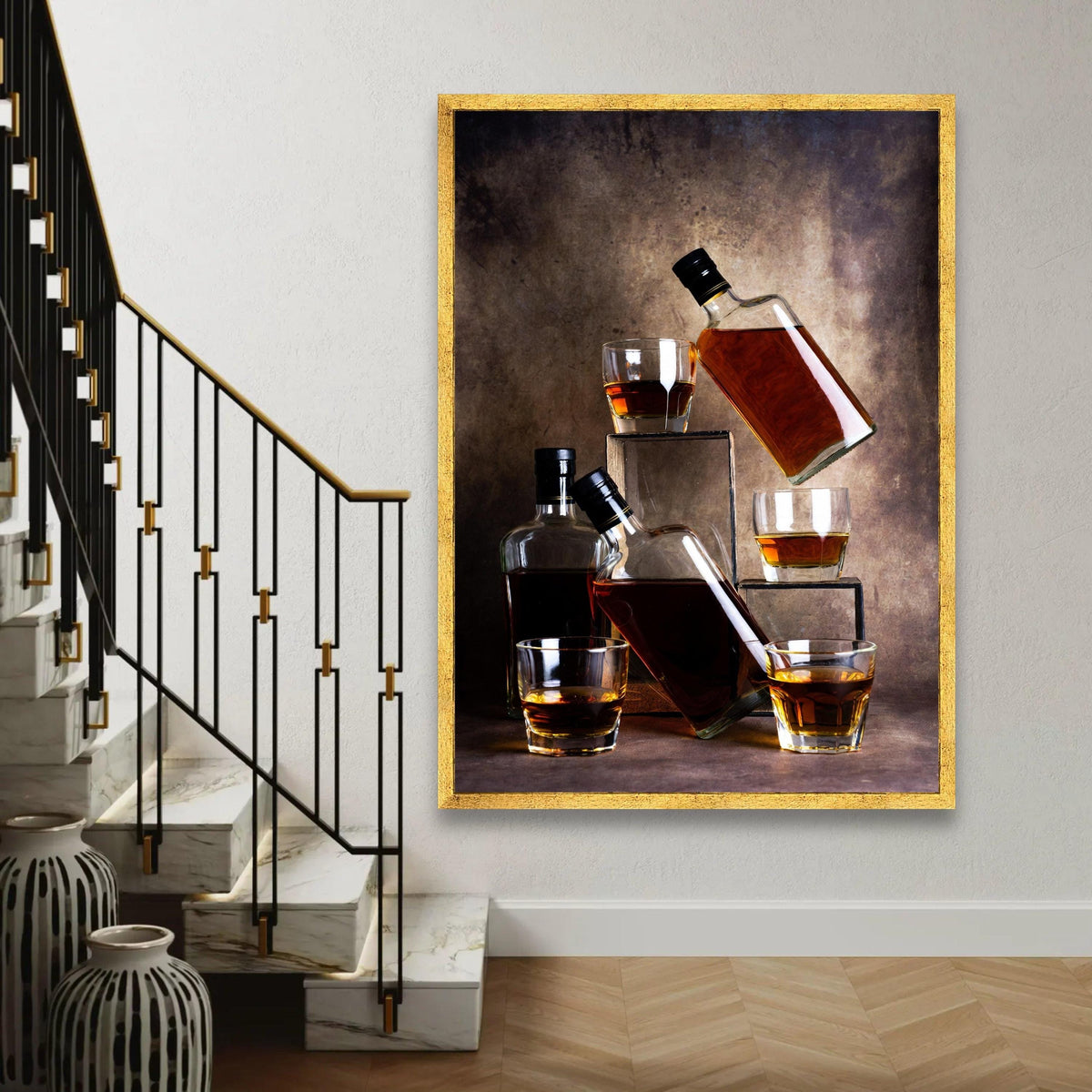 Whiskey Bottles and Glasses Canvas Wall Art, Amber Liquor Still Life, Rustic Bar Decor, Vintage Beverage Canvas, Ready To Hang Decoration