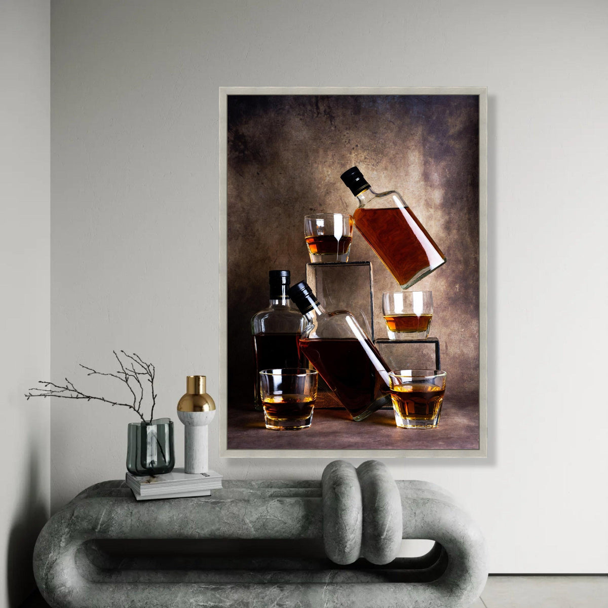Whiskey Bottles and Glasses Canvas Wall Art, Amber Liquor Still Life, Rustic Bar Decor, Vintage Beverage Canvas, Ready To Hang Decoration