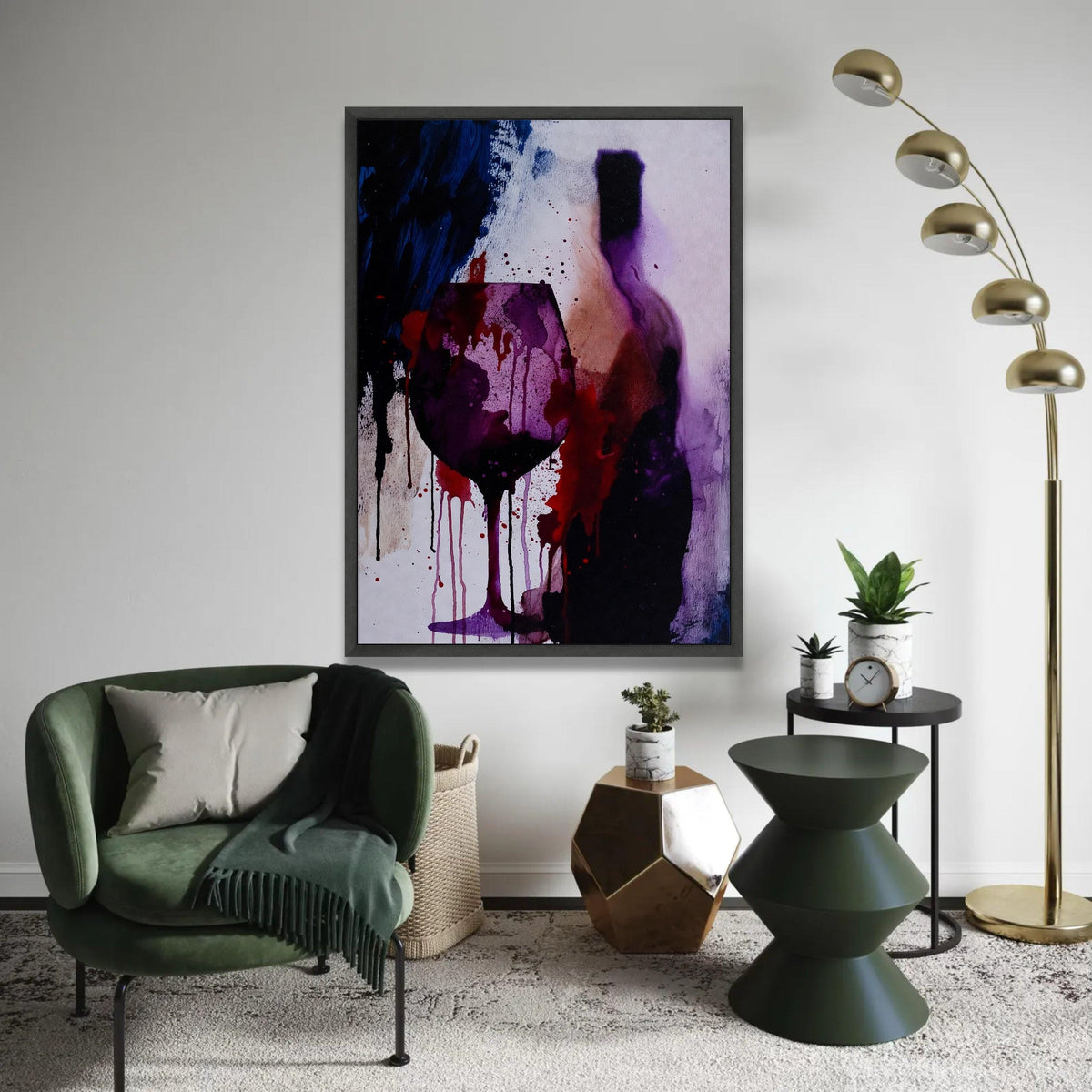 Abstract Wine Glass and Bottle Canvas Wall Art, Purple Red Drip Ink Painting, Modern Alcohol Theme Canvas, Vibrant Ready To Hang Decoration