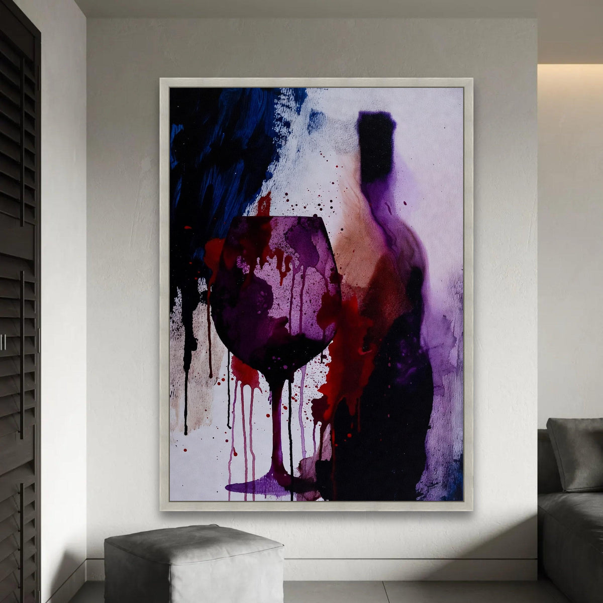 Abstract Wine Glass and Bottle Canvas Wall Art, Purple Red Drip Ink Painting, Modern Alcohol Theme Canvas, Vibrant Ready To Hang Decoration