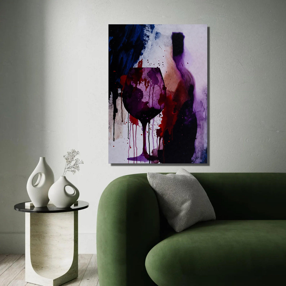 Abstract Wine Glass and Bottle Canvas Wall Art, Purple Red Drip Ink Painting, Modern Alcohol Theme Canvas, Vibrant Ready To Hang Decoration
