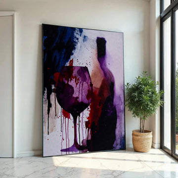 Abstract Wine Glass and Bottle Canvas Wall Art, Purple Red Drip Ink Painting, Modern Alcohol Theme Canvas, Vibrant Ready To Hang Decoration