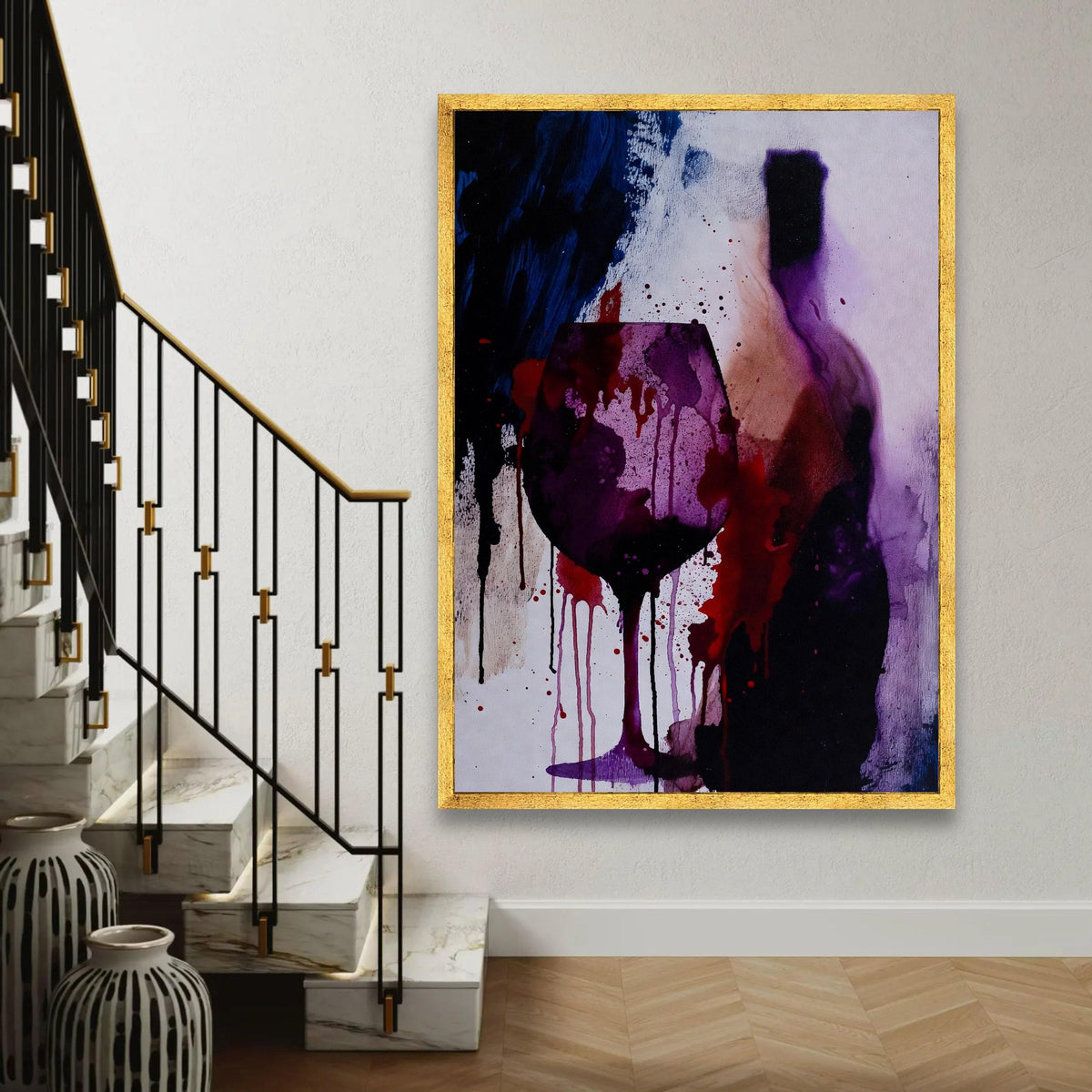 Abstract Wine Glass and Bottle Canvas Wall Art, Purple Red Drip Ink Painting, Modern Alcohol Theme Canvas, Vibrant Ready To Hang Decoration