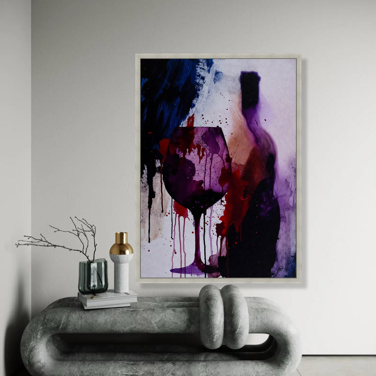 Abstract Wine Glass and Bottle Canvas Wall Art, Purple Red Drip Ink Painting, Modern Alcohol Theme Canvas, Vibrant Ready To Hang Decoration