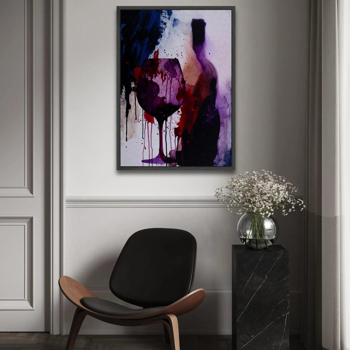 Abstract Wine Glass and Bottle Canvas Wall Art, Purple Red Drip Ink Painting, Modern Alcohol Theme Canvas, Vibrant Ready To Hang Decoration