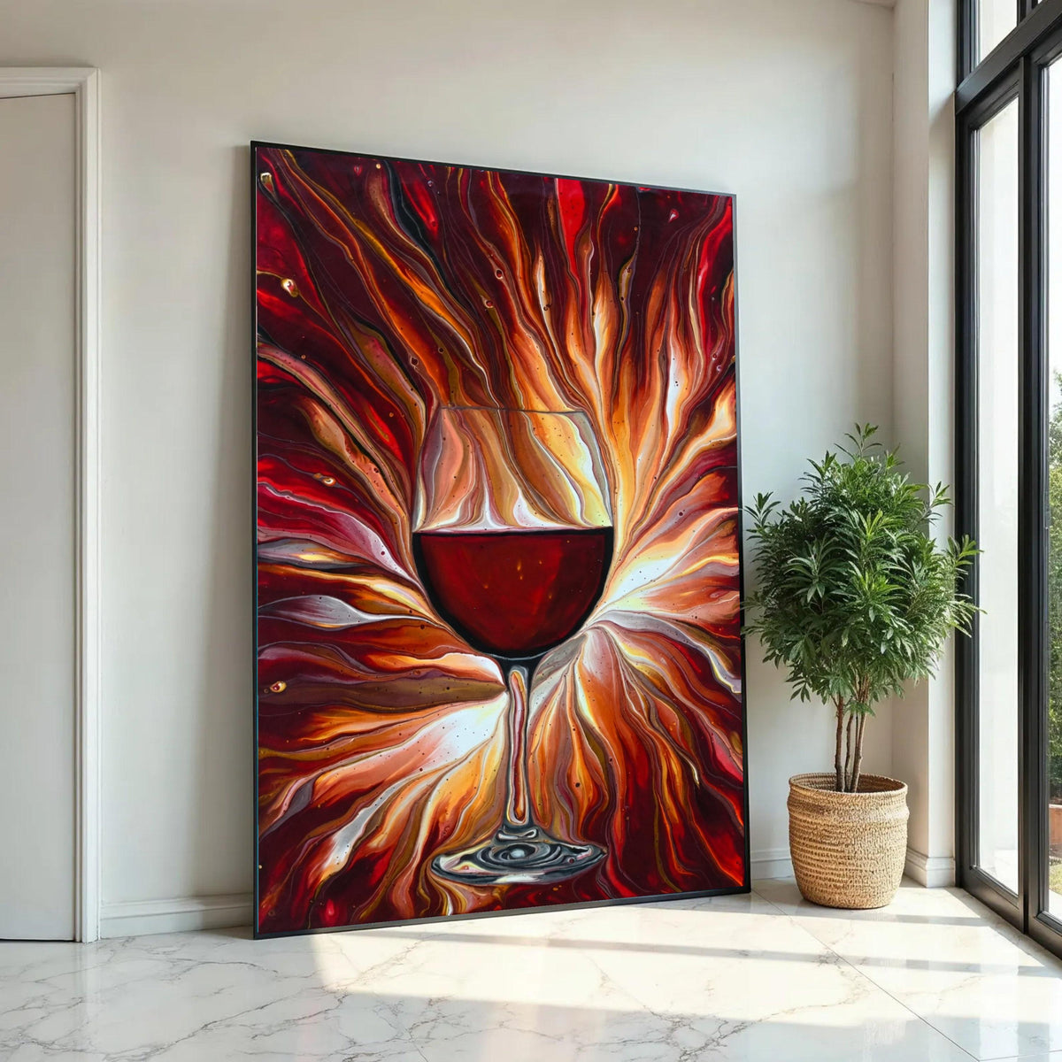 Red Wine Glass Canvas Wall Art, Abstract Fluid Art Painting, Modern Home Decor, Vibrant Wine Theme Canvas, Ready to Ready To Hang Decoration