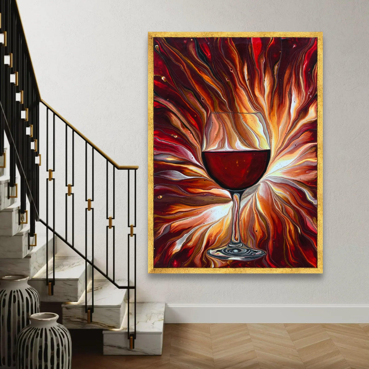 Red Wine Glass Canvas Wall Art, Abstract Fluid Art Painting, Modern Home Decor, Vibrant Wine Theme Canvas, Ready to Ready To Hang Decoration