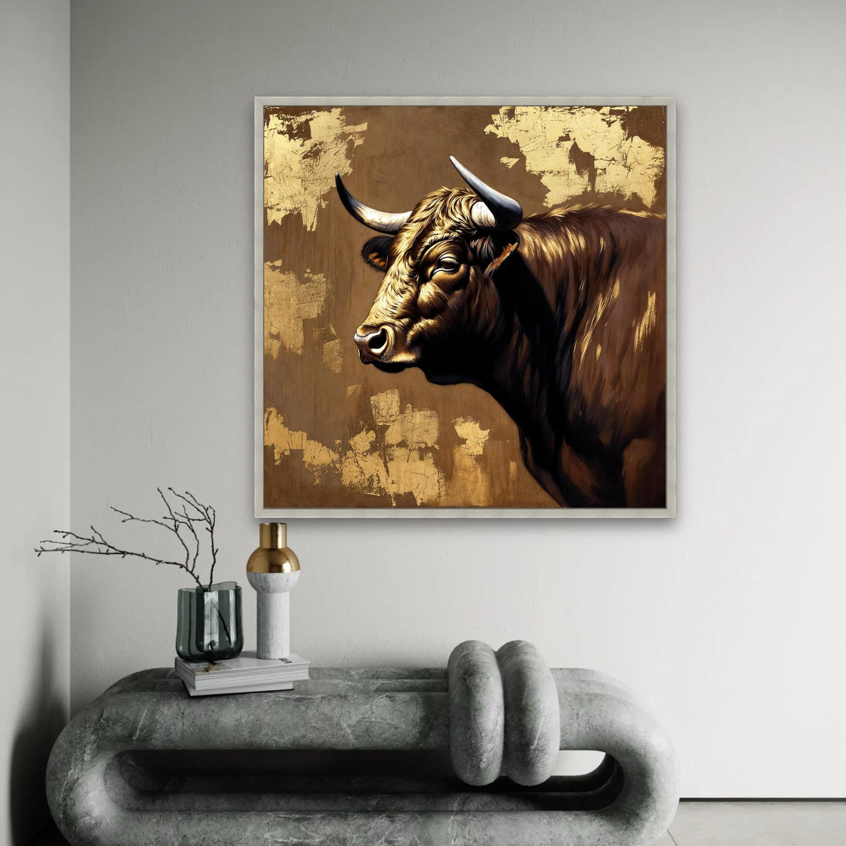 Majestic Bull Portrait Canvas, Rustic Animal Wall Art, Farmhouse Decor, Brown and Gold Canvas, Country Style Canvas Ready To Hang Decoration