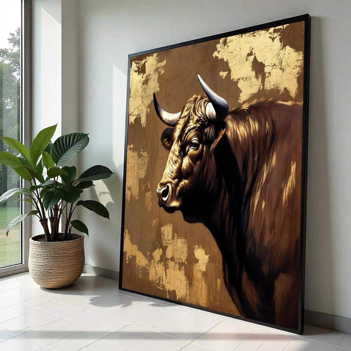 Majestic Bull Portrait Canvas, Rustic Animal Wall Art, Farmhouse Decor, Brown and Gold Canvas, Country Style Canvas Ready To Hang Decoration