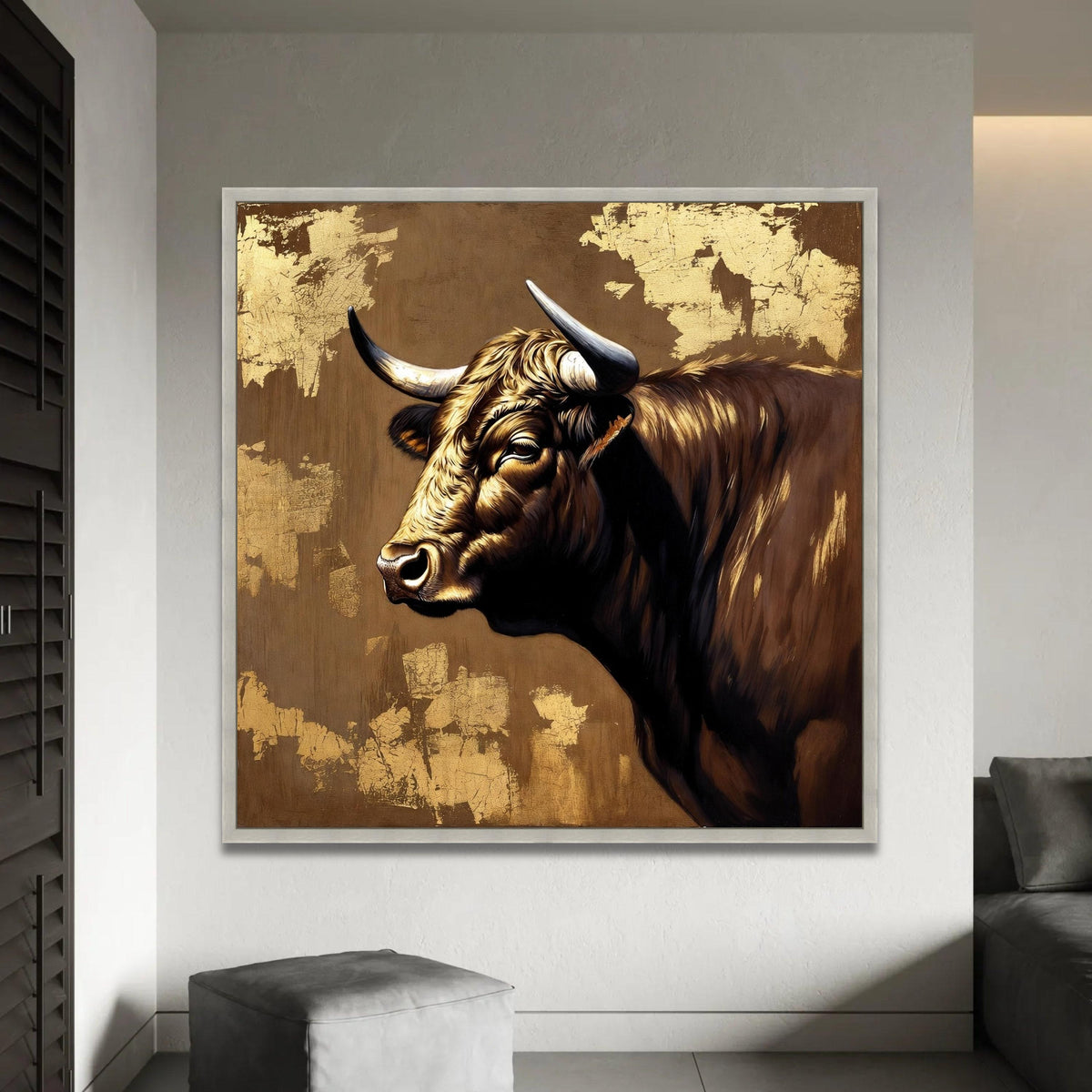 Majestic Bull Portrait Canvas, Rustic Animal Wall Art, Farmhouse Decor, Brown and Gold Canvas, Country Style Canvas Ready To Hang Decoration