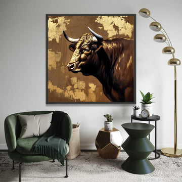 Majestic Bull Portrait Canvas, Rustic Animal Wall Art, Farmhouse Decor, Brown and Gold Canvas, Country Style Canvas Ready To Hang Decoration